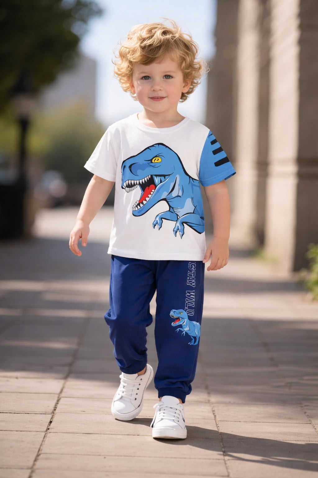 0000      Offwhite Dragon Printed Half Sleeves T-shirt with Blue Printed Pajama Kids Suits