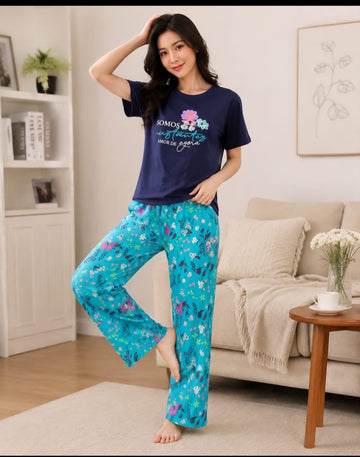 0000                  Navy Blue Flower Printed Half Sleeves T-shirt With Blue Floral Printed Pajama Suit