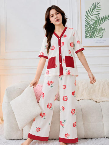 0000            Offwhite Red Flower Front Pocket Printed Front Button Style For Her