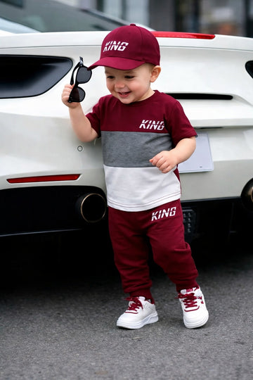 0000      Maroon Grey Panel King Printed Half Sleeves T-shirt with  Printed Pajama Kids Suits