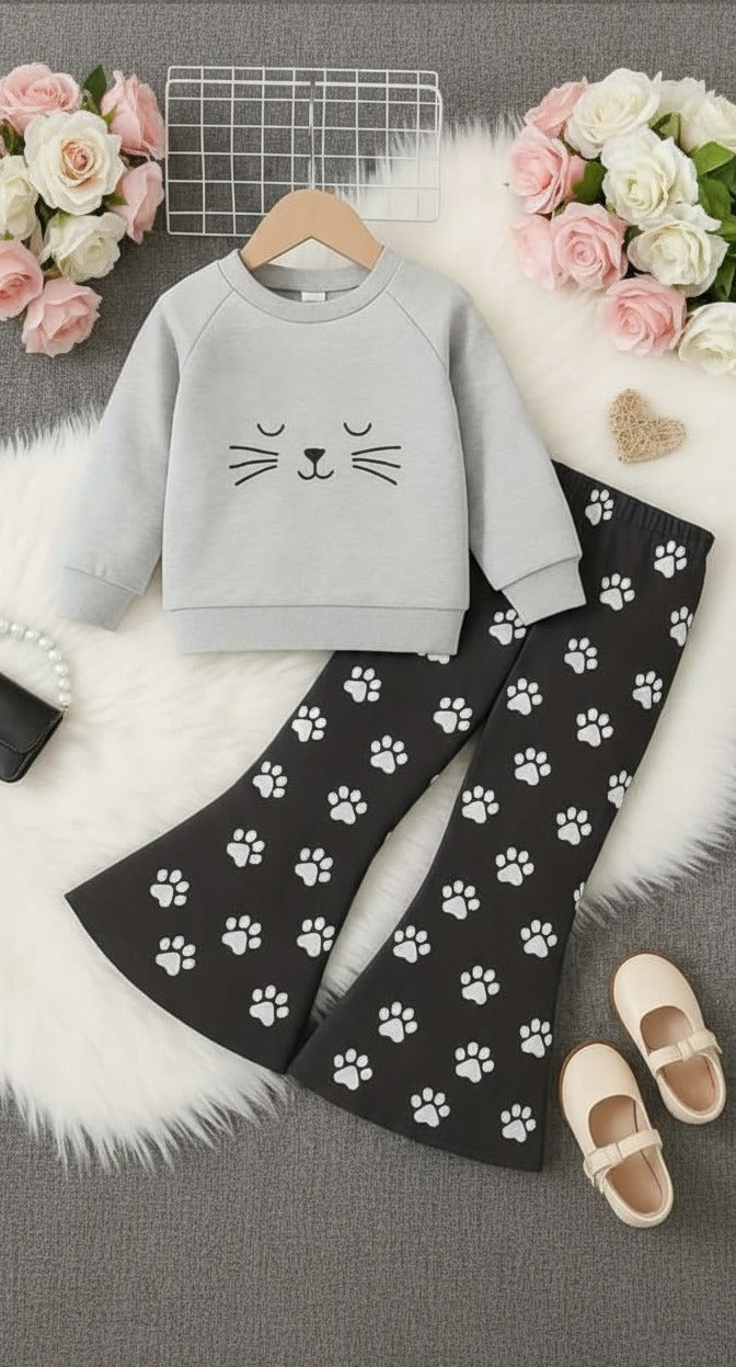 0000  Grey Meow Printed Sweatshirt With Black Cat Foot Printed Fleece Trouser Tracksuit For Kids