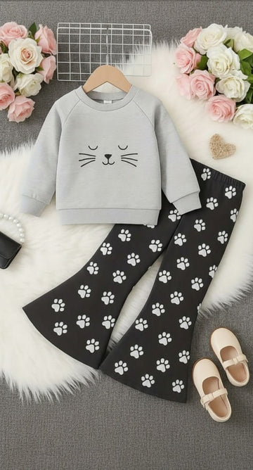 0000  Grey Meow Printed Sweatshirt With Black Cat Foot Printed Fleece Trouser Tracksuit For Kids