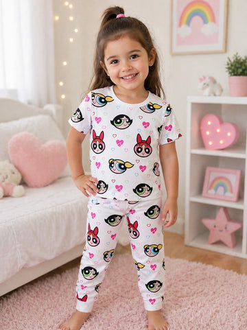 0000            Offwhite Power girls  Printed Half Sleeves T-shirt with Power Girl Digital Printed Pajama Kids Suits