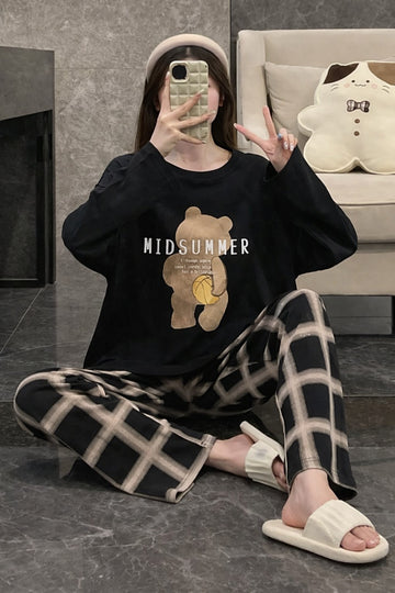 0000   Black Mid Summer Bear Printed Full Sleeves T-shirt With check Printed Pajama Suit