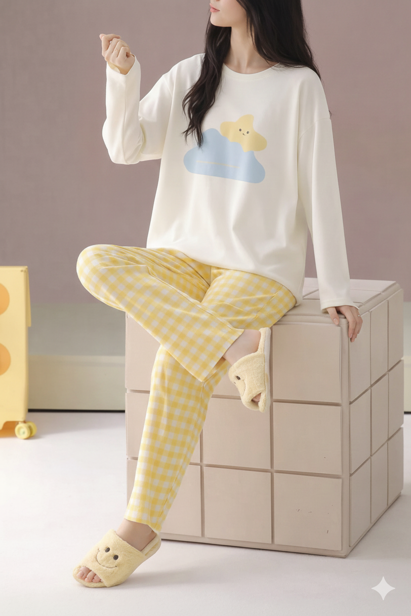 0000   Offwhite Cloud Star Printed Full Sleeves T-shirt With Yellow Check  Printed Pajama Suit