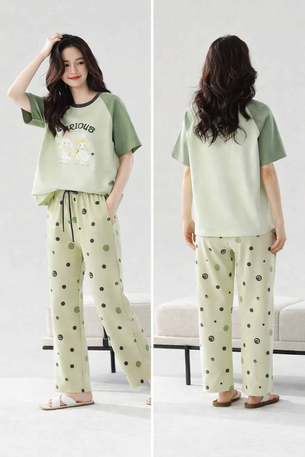 0000   Green Glorious Printed Half Sleeves T-shirt With Dots Printed Pajama Suit
