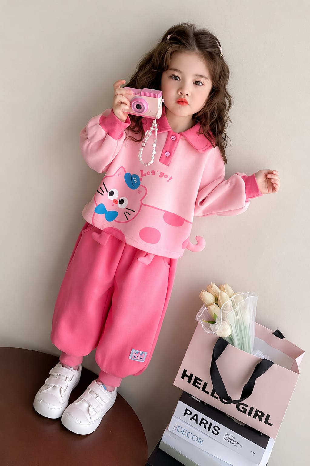 0000          Pink Cute Cat Sweatshirt With Pink Fleece Trouser