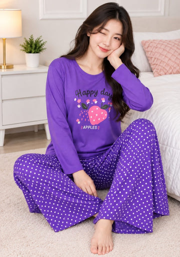 0000                   Purple Happy Day Strawberry Printed Full Sleeves T-shirt With Polka Dot Pajama Suit