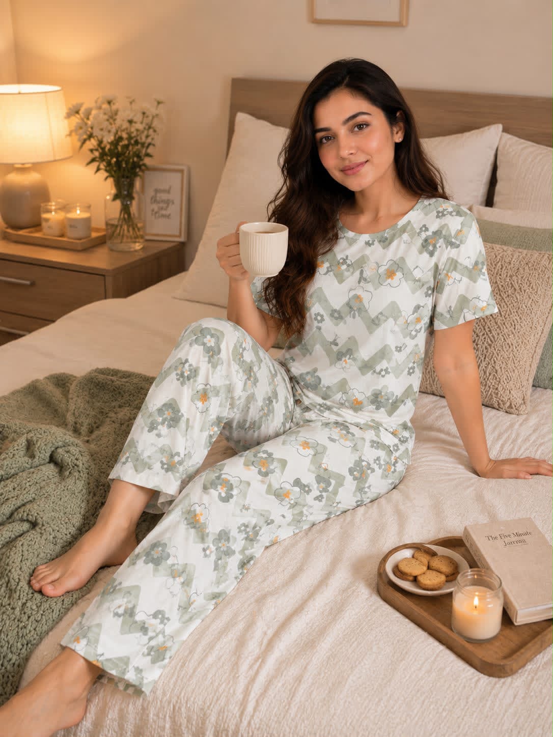 0000                  Offwhite Green lining Flower Printed Half Sleeves T-shirt With Printed Pajama Suit