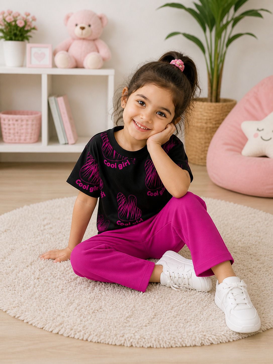 0000           Black Cool Girl Printed Half Sleeves T-shirt with Hot Pink Plain Pajama Kids Suits