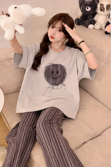 0000   Grey Smiley All Day Printed Half Sleeves T-shirt With lining Printed Pajama Suit