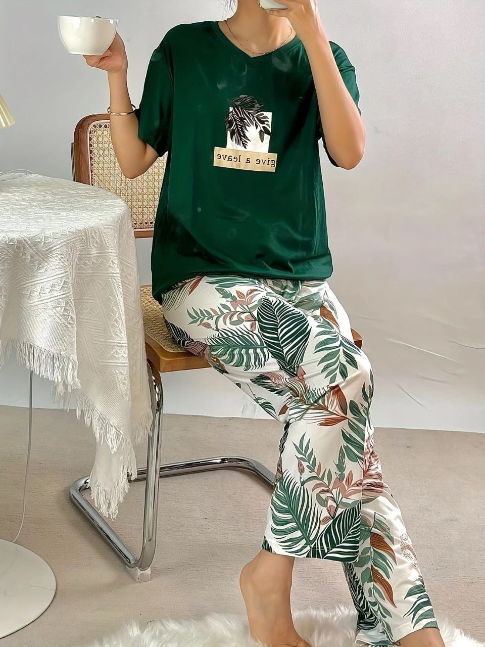 0001 Green Leaf Printed Half Sleeves T-shirt With Leaf Printed Pajama Suit