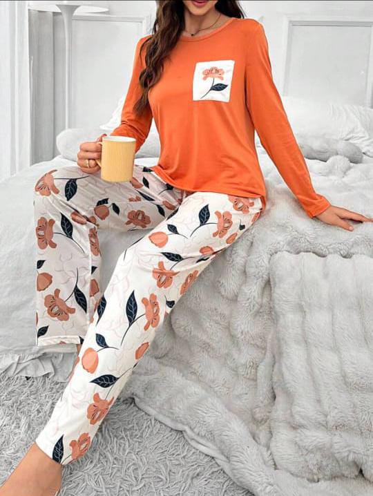 0004 Orange Front Floral Pocket Printed Full Sleeves T-shirt With Floral Printed Pajama Suit