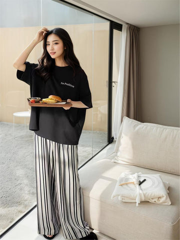 0000            Black No Problem Printed Half Sleeves T-shirt With white Lining Printed Pajama Suit