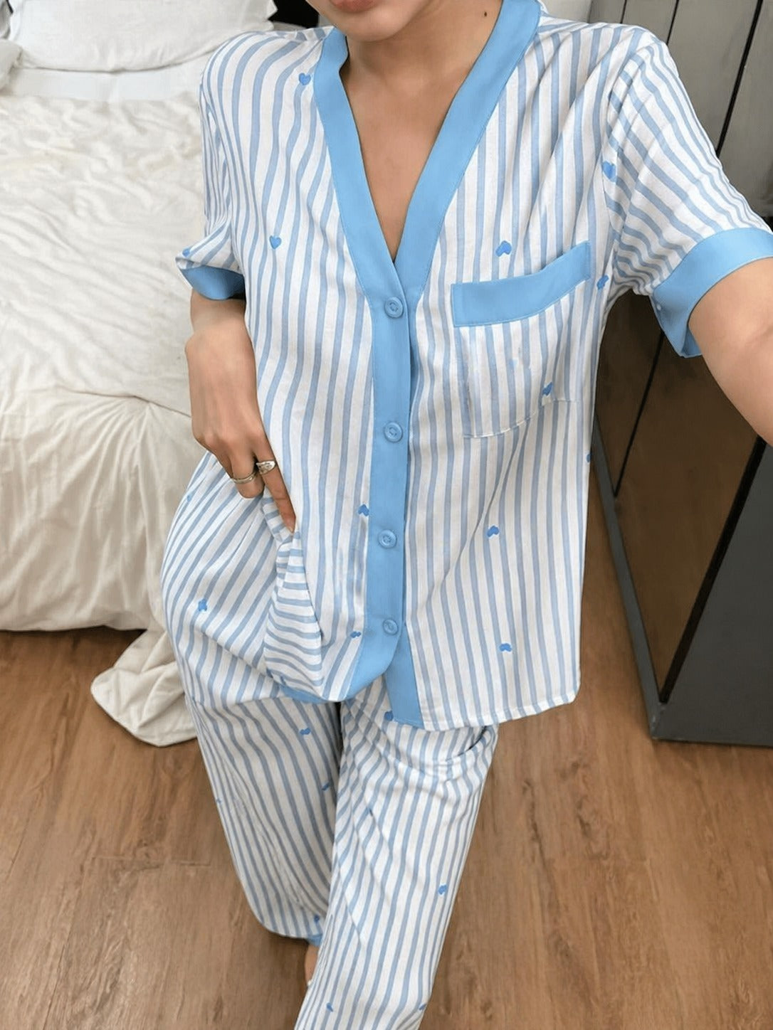 0000          Sky blue Heart Printed With Sky blue Lining Front Button Style For Her