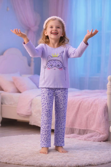 0000    Lilac Cat Printed Full Sleeves T-shirt with Cheetah Printed Pajama Kids Suits