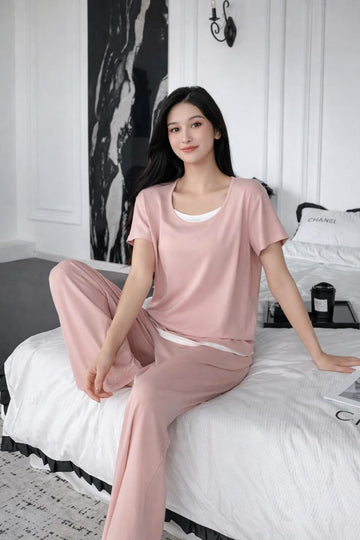0000 Baby Pink  White Neck Lace Half Sleeves With Matching Pajama night suit For Her