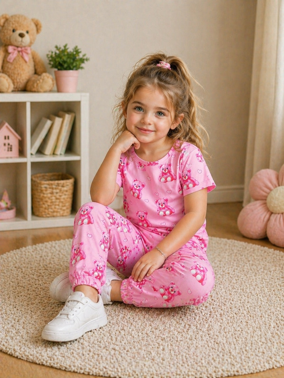 0000             Baby Pink Bear  Printed Half Sleeves T-shirt with Bear Printed  Digital Printed Pajama Kids Suits