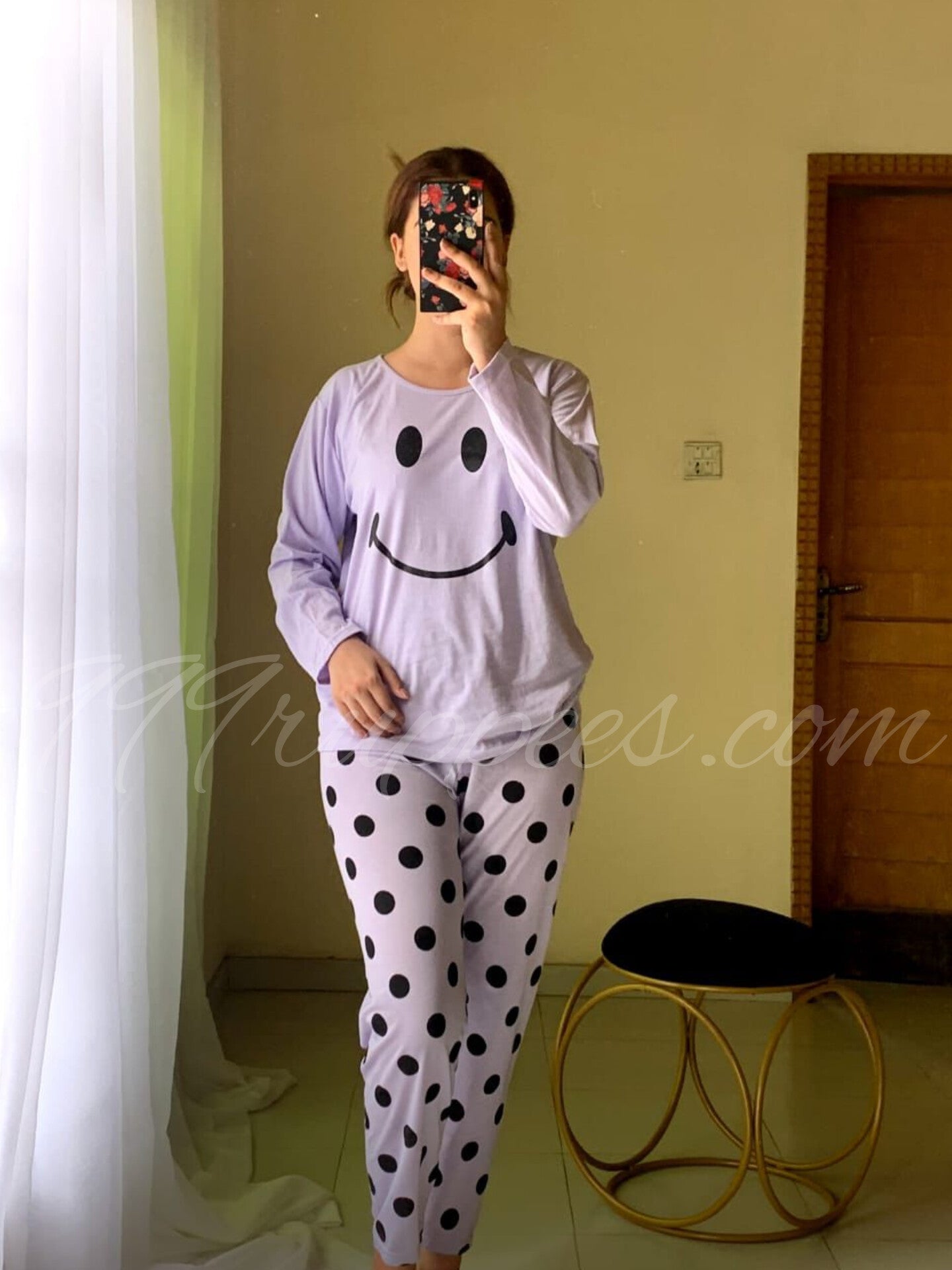 0000 Lilac Smile Printed Full Sleeves T-shirt With Polka Dot Pajama Suit