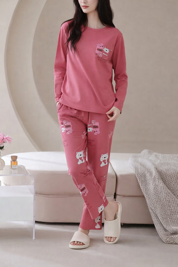 0000   Hot Pink Sleepy Cat Printed Full Sleeves T-shirt With Sleepy Cat Printed Pajama Suit