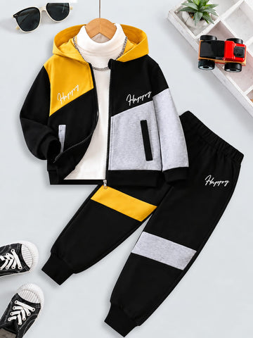 0000         Black Happy Printed Yellow Grey Block Zipper Kids Tracksuit