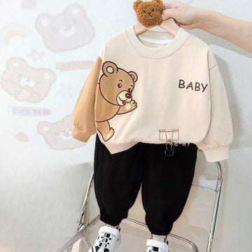 0001 Skin Baby Bear Print Sweatshirt With Black Trouser For Kids