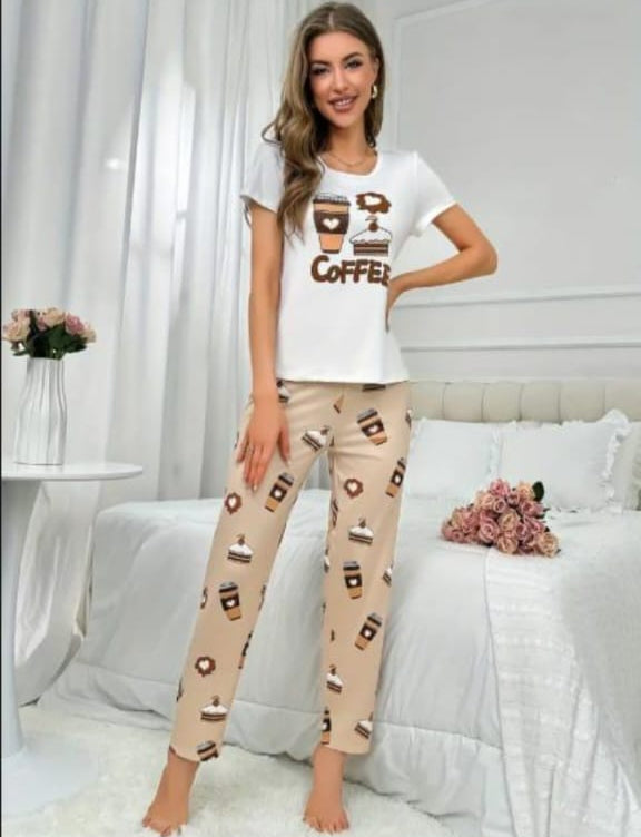 0000 Offwhite Coffee Mug Printed Half Sleeves T-shirt With Printed Pajama Suit