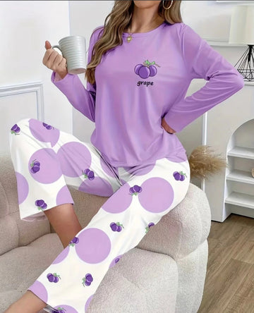 0000   Lilac Grapes Printed Full Sleeves T-shirt With Printed Pajama Suit