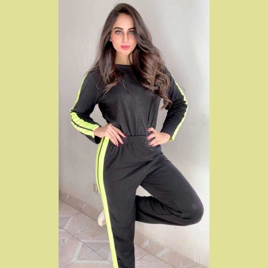 005 Black Green Strips Full Sleeves Tracksuit Available for Woman