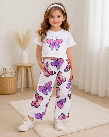 0000          Offwhite Butterfly Printed  Half Sleeves T-shirt with Butterflies Digital Printed Pajama Kids Suits