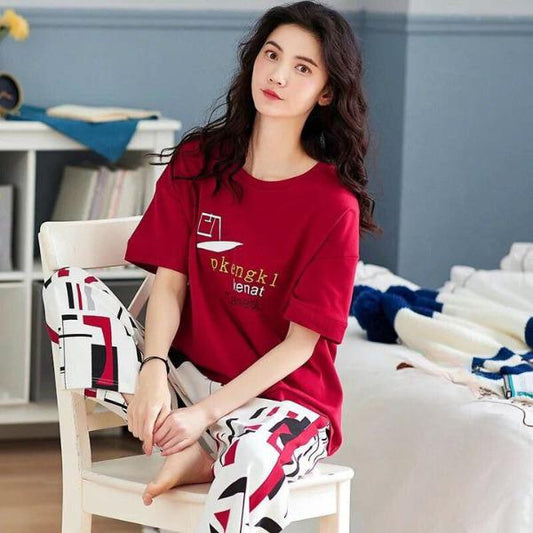 Red Printed Half Sleeves T-shirt With Printed Pajama Suit