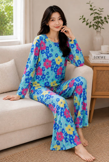 0000                    Blue Multi Flower Printed Full Sleeves T-shirt With Multi Printed Pajama Suit