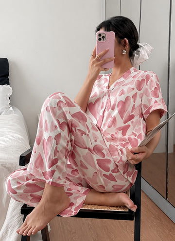 0000           Rose Pink All Over Big Hearts Printed Front Button Style For Her