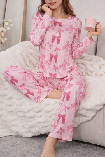 0000   Peach All over Bow Printed Full Sleeves T-shirt With Bow Printed Pajama Suit