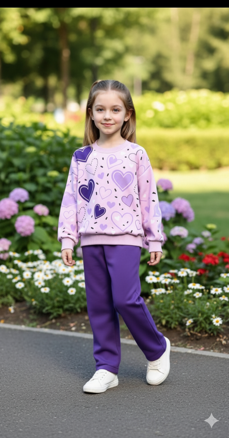 0000  Lilac All Over Heart Printed Sweatshirt With Lilac Fleece Trouser Tracksuit For Kids