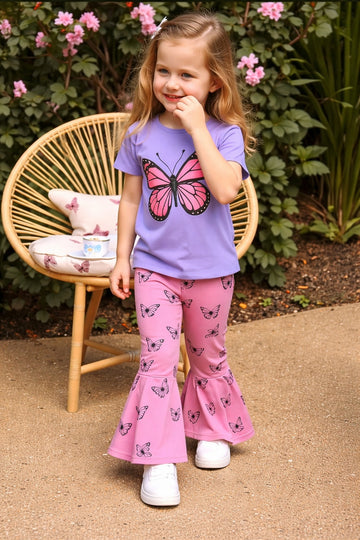 0000     Purple Butterfly Printed Half Sleeves T-shirt with Pink Butterfly  Printed Pajama Kids Suits