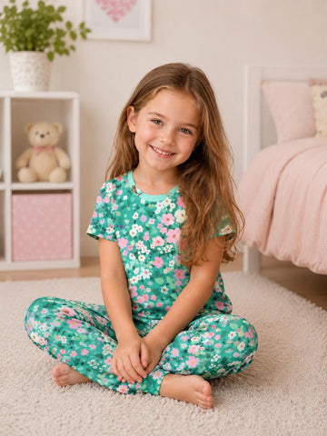 0000             Sea Green Small Flowers Printed Half Sleeves T-shirt with Flower Printed  Pajama Kids Suits (Polyester)
