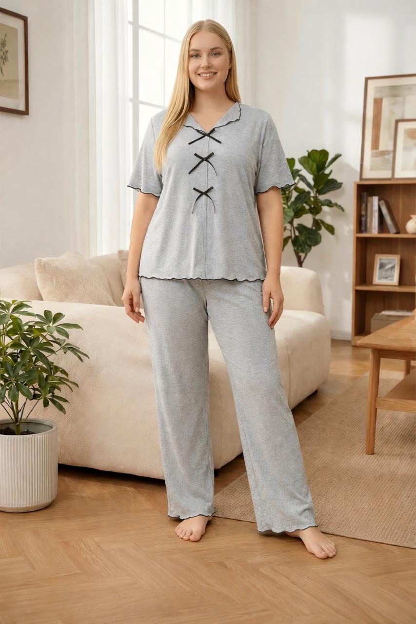 0000   Hazel Grey V-Neck Three Bow Design Half Sleeves With Matching Pajama night suit For Her