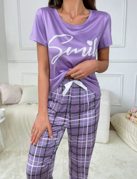 0003 Lilac Smile Printed Half Sleeves T-shirt Check Pajama Suit