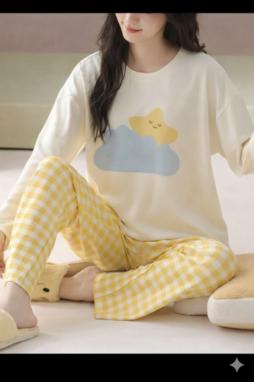 0000   Offwhite Cloud Star Printed Full Sleeves T-shirt With Yellow Check  Printed Pajama Suit