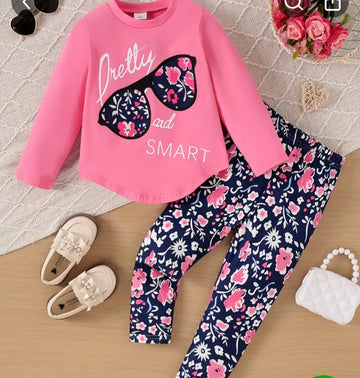 0000  Baby Pink Glasses Printed Sweatshirt With Floral Printed Fleece Trouser Tracksuit For Kids