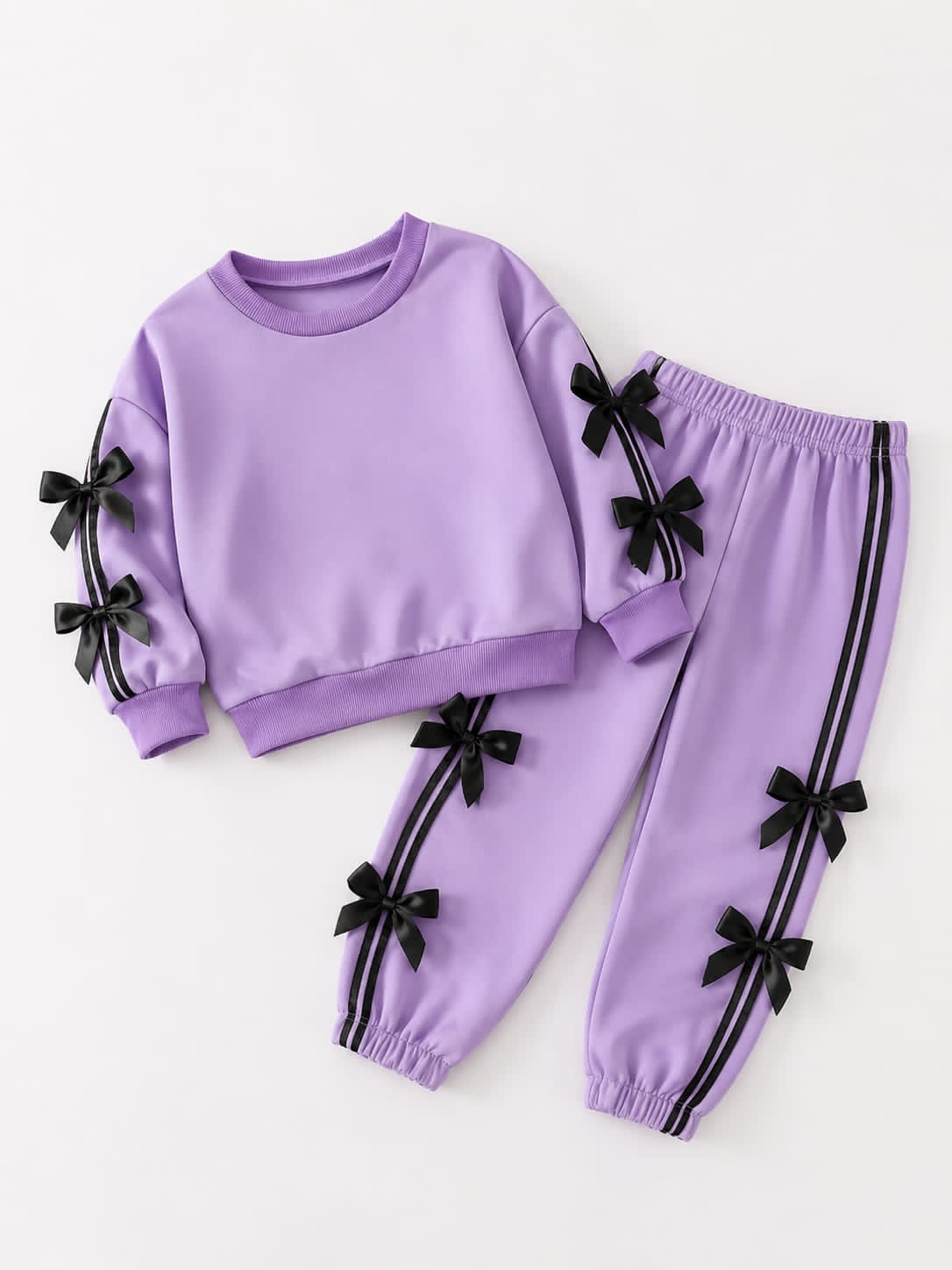 0000      Lilac Bow Strip Printed Sweatshirt With Lilac Bow  Printed Fleece Trouser
