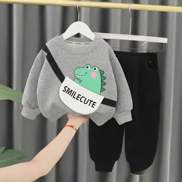 0001 Grey Dragon Print Sweatshirt With Black Trouser For Kids