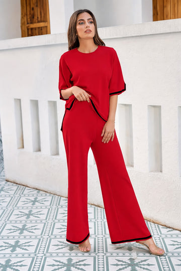 0000   Red Black Pipin Round Neck Baggie Style Half Sleeves With Matching Plazzo Style Loose Trouser.