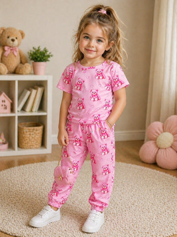 0000             Baby Pink Bear  Printed Half Sleeves T-shirt with Bear Printed  Digital Printed Pajama Kids Suits