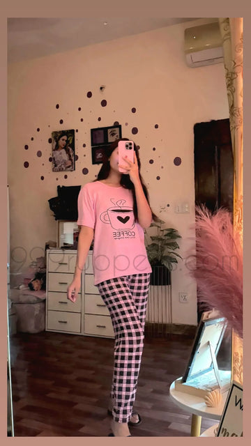 0000          Baby Pink Coffee Cup Printed Half Sleeves T-shirt With  Check Pajama Suit