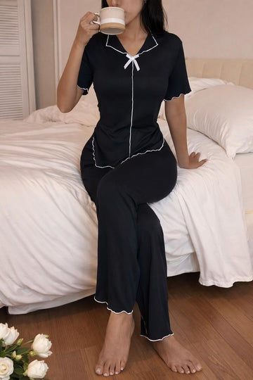 0000     Black Bow Lace Design Half Sleeves With Matching Pajama night suit For Her