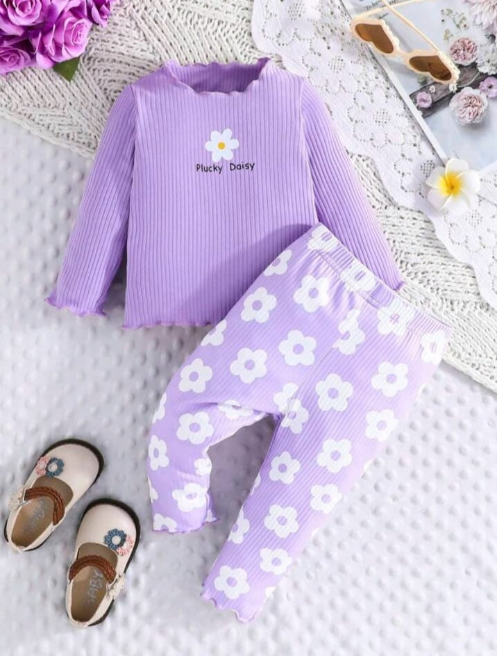 Purple Daisy Flower Printed Full Sleeves T-shirt with Flower Printed Pajama Kids Suits (1 Pcs)