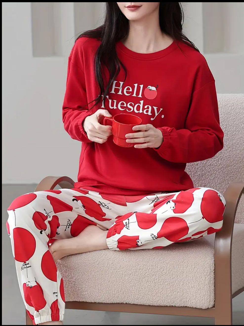 0000  Red Hello Tuesday Printed Full Sleeves T-shirt With Printed Pajama Suit