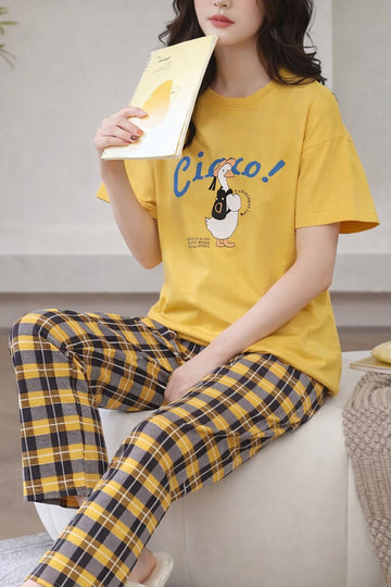 0000   Yellow Circo Duck Printed Half Sleeves T-shirt With check Printed Pajama Suit